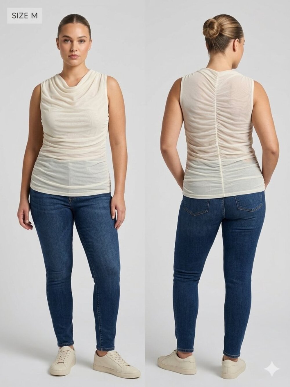 Calia Cloud Cover Ruched Mock Cowl Neck Mesh Tank Top Size M NWT